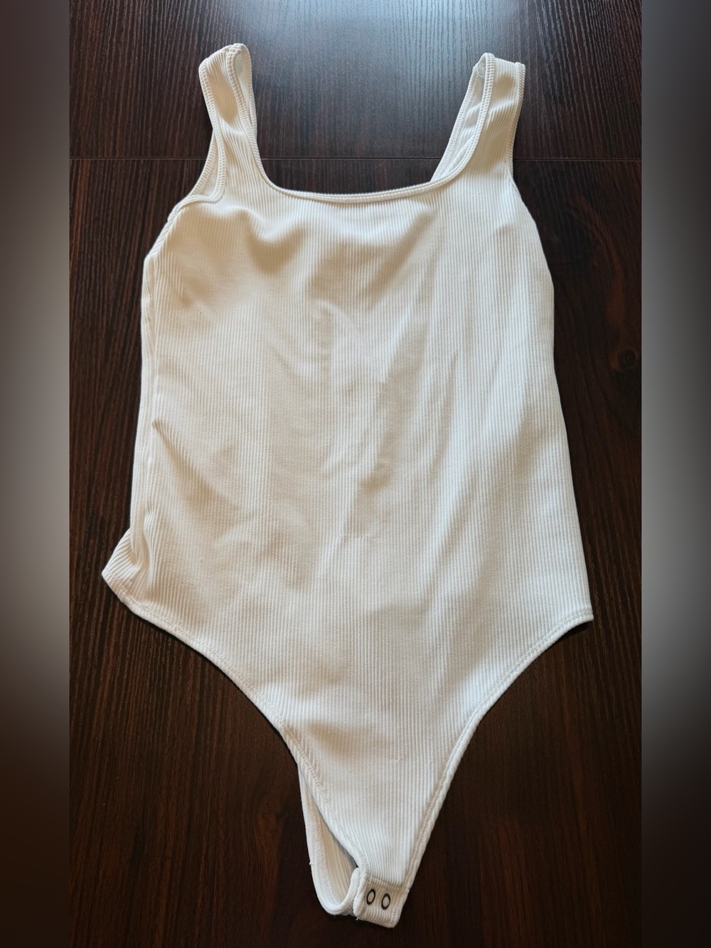 Size S Abercrombie & Fitch White Ribbed Thong Bodysuit with snap closure